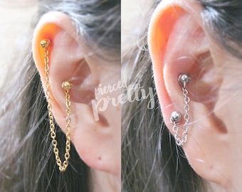 16g 14g Two hole helix to lobe chain earring, Conch chain cartilage earrings Two hole chain ear studs 316l surgical Steel, Sold individually