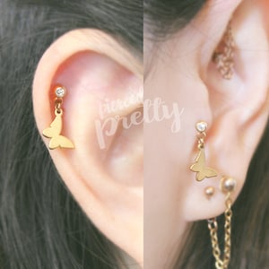 20g, 16g Butterfly cartilage earring, helix earring Tragus ear stud labret Dangle cartilage jewelry 316l Surgical steel, Sold as piece