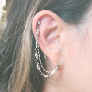 20g 16g Helix to lobe leaf double chain earring, ear cartilage chain jewelry, Two holes chain ear studs, 304/ 316l Stainless Steel, 1pc