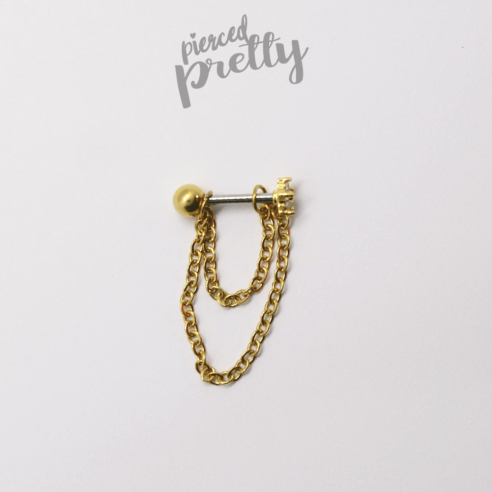 16g Dainty Flower helix double chain ear stud, Flat back chain hoop cartilage piercing earring 316l surgical steel, Labret bar(optional) 1pc