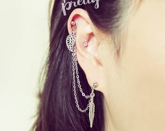 20g 16g Blatt Feder Helix zu Lobe Kette Ohrring, Helix baumeln Doppel Kette Ohrring Ohr Knorpel Piercing Schmuck