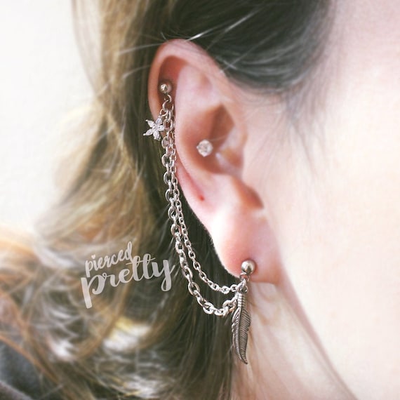Feather and CZ Chain Link Cartilage Chain Dangle Cuff Helix Earring Feather and CZ Chain Link Cartilage Chain Dangle Cuff Helix Earring
