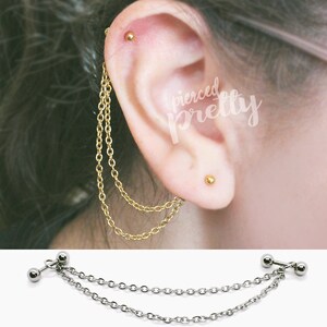 16g 14g helix to lobe long double chain earring, dangle double chain helix earring, ear cartilage piercing chain jewelry 316l surgical steel