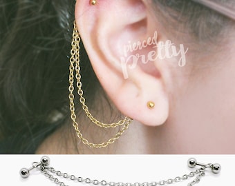 16g 14g helix to lobe long double chain earring, dangle double chain helix earring, ear cartilage piercing chain jewelry 316l surgical steel