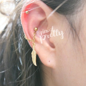 16g 20g Veren schelp ketting oorbel, Rose gouden schelp hoepel oorbel, helix oorbel, oor kraakbeen ketting bungelen oorbel, roestvrij staal, 1pc