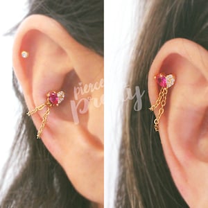 Orecchino a forma di cuore delicato da 16 g con doppia catena, orecchino a cerchio con catena piatta, piercing alla cartilagine, barra di labret (opzionale) 1 pz.