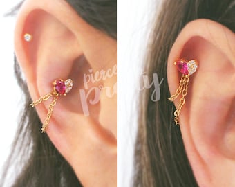 16g Dainty Heart helix double chain ear stud, Flat back chain hoop cartilage piercing earring, Labret bar(optional) 1pc