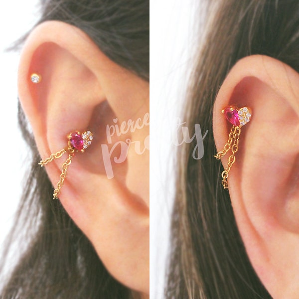 16g Dainty Heart helix double chain ear stud, Flat back chain hoop cartilage piercing earring, Labret bar(optional) 1pc