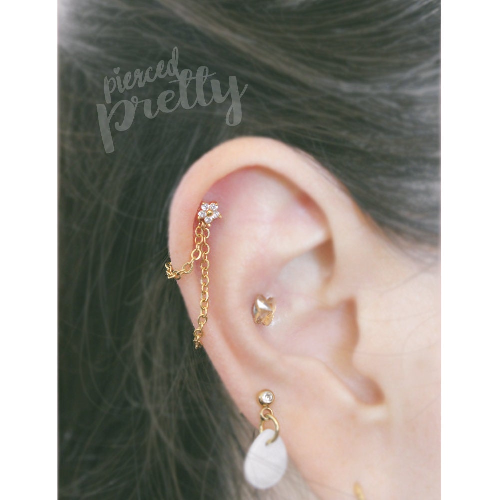 16g Dainty Flower helix double chain ear stud, Flat back chain hoop cartilage piercing earring 316l surgical steel, Labret bar(optional) 1pc