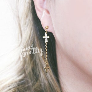 16g 20g Pendientes de cadena colgante cruzada, acero inoxidable 316l / 304, pendientes colgantes de cadena Star Long, perno de oreja de cartílago trasero de tornillo