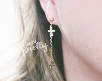 16g 20g Cross dangle chain earrings, 316l / 304 Stainless steel, Star Long chain dangle earrings, Screw back cartilage ear stud