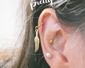 16g 18g Feather seamless hoop ring, Rose gold helix hoop earring, Pearl helix tragus conch hoop, 316l Surgical steel, Sold individually
