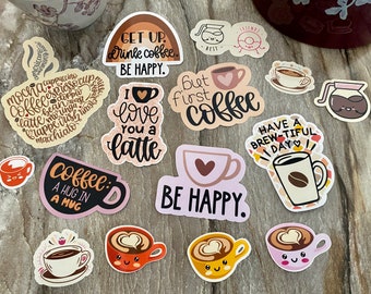 Koffiesticker, Be Happy Coffee Sticker Pack, Koffiestickers, Artsy Arthurs, waterflessticker, laptopsticker, telefoonsticker, koffie