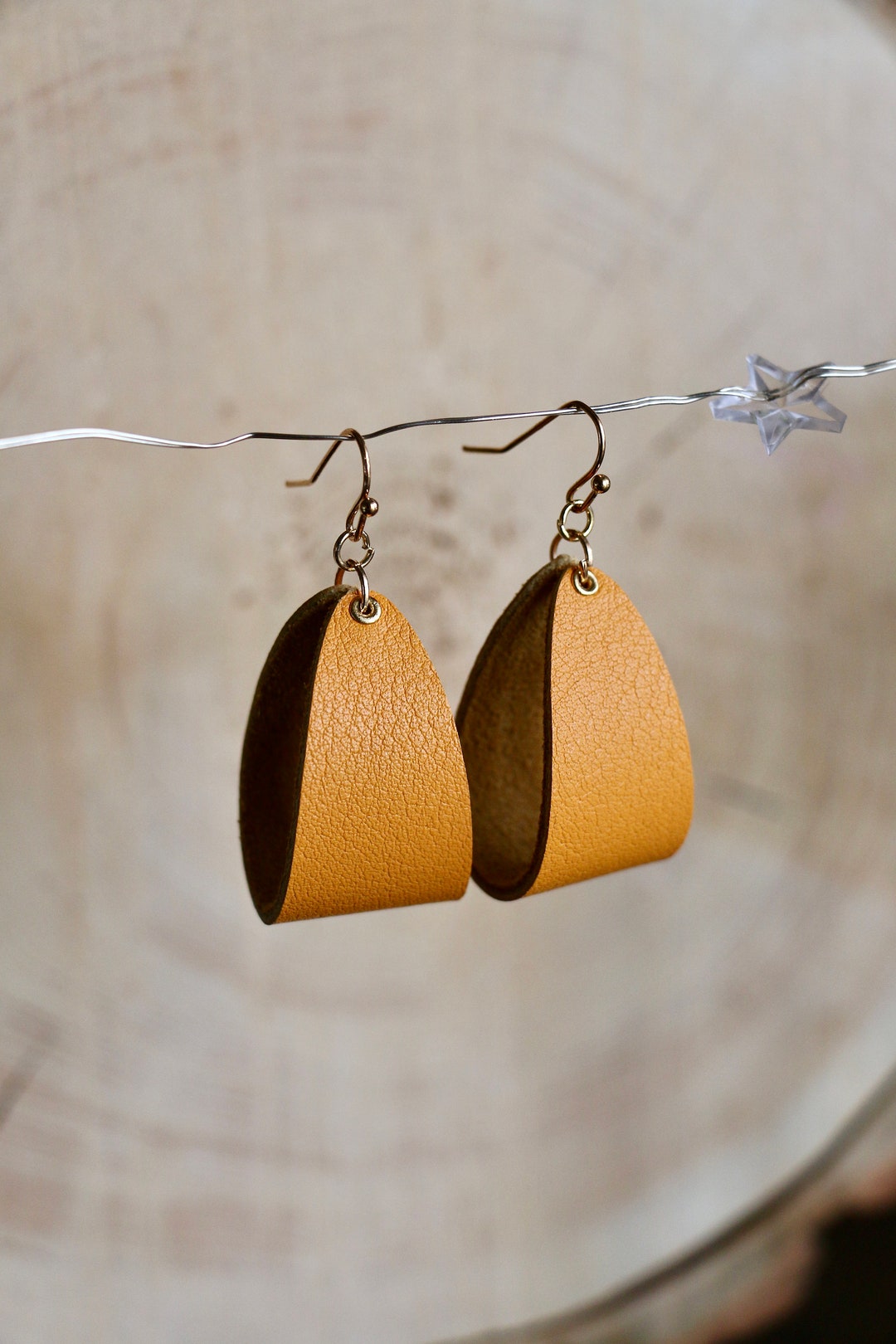 Leather Earrings,leather Loop Earring, Artsy Arthurs, Mustard Yellow