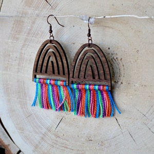 Rainbow Earrings,Wood Earrings,Wooden Rainbow Earring, Artsy Arthurs, Rainbow Fringe Earring, Rainbow Macrame Earrings, boho earrings