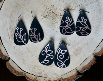 Tear Drop Leather Earrings: Black Floral Dangle Earrings