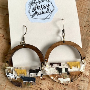 Wood Earrings,Cow earrings,Artsy Arthurs,acrylic and wood round cow earrings, cow earrings dangle, highland cow earrings, farm earrings