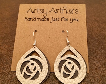 Faux leather earrings, rose earrings, lightweight earrings, Artsy Arthurs, tear drop earrings,