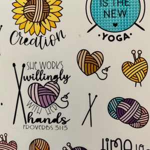 May include: A set of colorful stickers featuring knitting-themed illustrations and text. The stickers include a sunflower with a yarn ball in the center, a yarn ball with knitting needles, a heart-shaped yarn ball, and a yarn ball with the text "time to unwind".