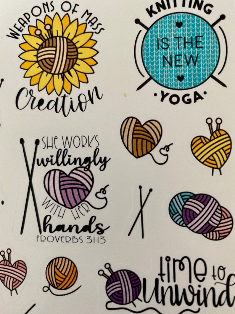 May include: A set of colorful stickers featuring knitting-themed illustrations and text. The stickers include a sunflower with a yarn ball in the center, a yarn ball with knitting needles, a heart-shaped yarn ball, and a yarn ball with the text "time to unwind".