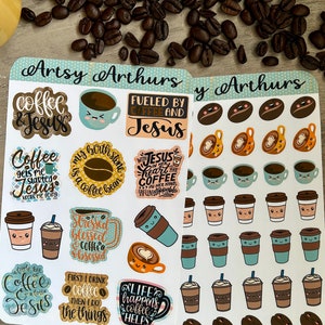 Hojas de calcomanías de café, hojas de calcomanías de café cristiano, hojas de calcomanías de café y Jesús, calcomanías para álbumes de recortes, calcomanías para diarios, calcomanías para planificadores