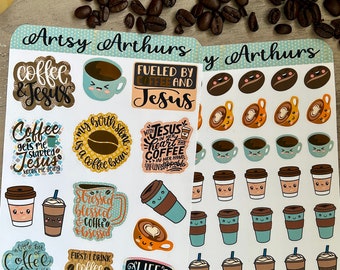 Coffee Sticker Sheets,Christian Coffee Sticker Sheet,Coffee and Jesus Sticker Sheet,Scrapbook stickers,journaling stickers,planner stickers