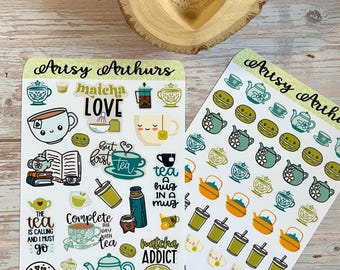 Folha de adesivos para chá matcha | Adesivos fofos para agenda de matcha | Adesivos para diário de amantes de chá | Papelaria Kawaii com estética matcha