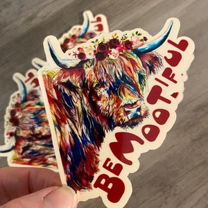 Koe Sticker, Bemootiful koe sticker, Artsy Arthurs, hoogland koe sticker, westerse sticker, waterfles sticker, auto sticker, laptop sticker
