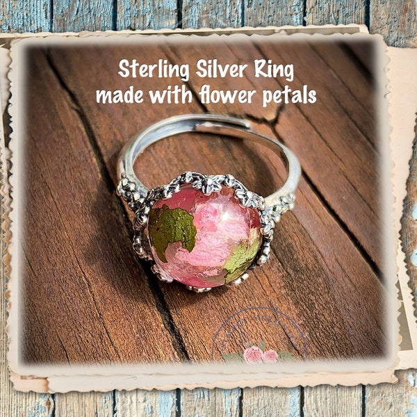 Large Stone Sterling Silver Ring, flower petal rings, sympathy rings, funeral flowers, item#1661