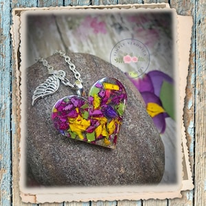Coeur de fleur séchée, pendentif commémoratif coeur, collier pétale de fleur, souvenir fleur funéraire, fleurs de mariage, SimplyVeronica2015, ARTICLE # 1319