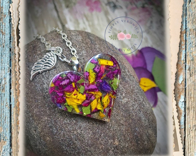 Dried Flower Heart, Heart Memorial Pendant, Flower Petal Necklace