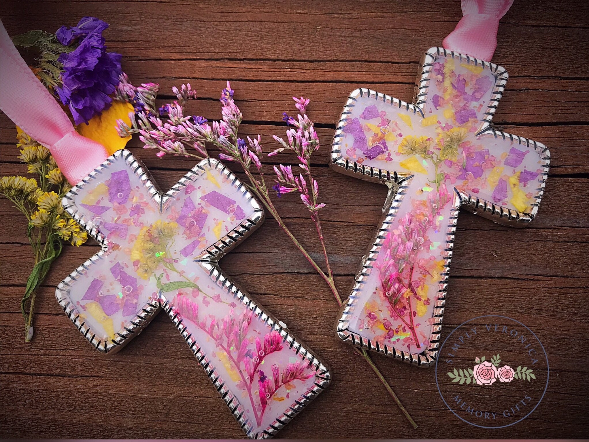 Dried Flower Petal Cross Ornament Keepsake , Personalized Dried Flower Petal Cross Ornament Keepsake , Personalized