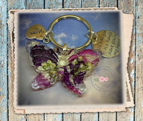 BUTTERFLY keychain, flower petal butterfly, funeral flower keepsake, dried petal gifts, sympathy, simplyveronica2015, item#1610