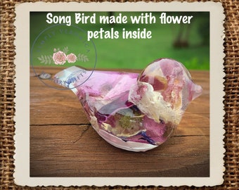 Song Bird Clear Paperweight, Flower petal keepsake, Funeral Flower Keepsake, item#1682