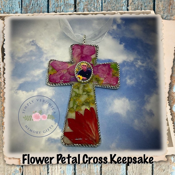 Dried Flower Petal Cross with center Photo, dried flower petal keepsake, cross ornament, SIMPLYVERONICA2015, ITEM#1342