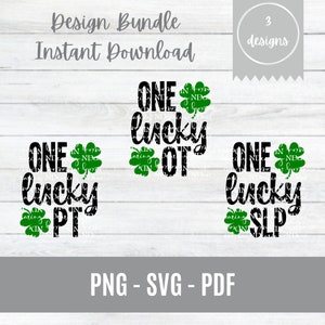 Op de afbeelding: Drie digitale ontwerpen met klaverbladgrafieken en de tekst "One lucky" gevolgd door de afkortingen "PT", "OT" en "SLP".