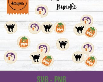May include: A digital file bundle featuring nine Halloween-themed designs. The designs include a black cat, a jack-o'-lantern, and a ghost. The text "Digital File Bundle" and "SVG - PNG" are also present. The designs are in orange, purple, and black.