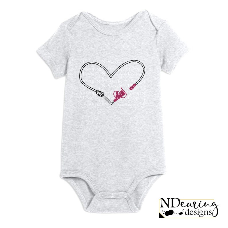 May include: A grey baby grow with a black outline of a heart formed by a stethoscope with a red accent.