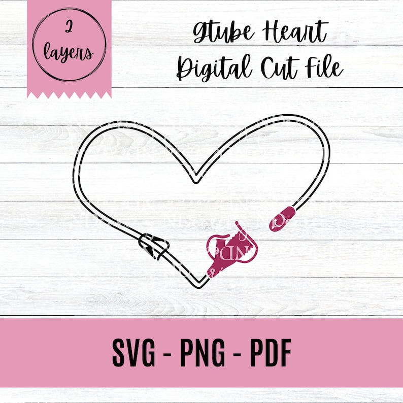 May include: A black and white digital cut file of a stethoscope shaped into a heart. The text "gtube Heart Digital Cut File" is above the image. The text "SVG - PNG - PDF" is below the image.