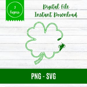 May include: A green outline of a four-leaf clover with a small watering can graphic. The text "Digital File Instant Download" is above the clover. Below the clover is the text "PNG - SVG". A green circle with the text "2 layers" is in the upper left.