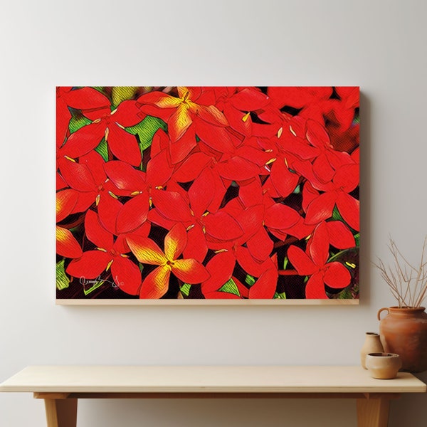 Red Ixora flowers canvas print, Tropical color wall art, Landscape photography nature print, Photography décor nature wall art print