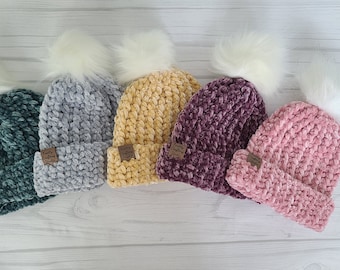 Velvet Beanies, Luxury soft hats, baby child adult hat, winter beanie pom poms