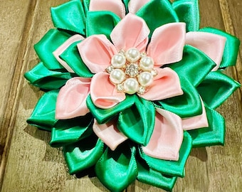 Pink and Green Satin Brooch