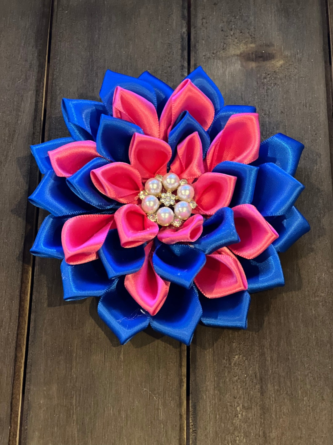 Hot Pink and Blue Satin Ribbon Flower Brooch Etsy