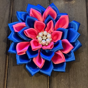 Hot pink and blue satin ribbon flower brooch