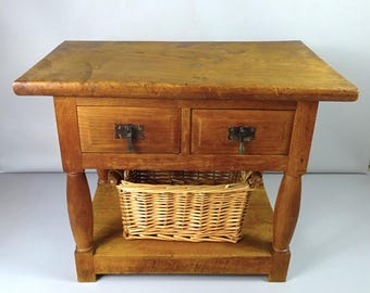 Antique Style Elm Kitchen Utility Provisions Table Two Drawer with Wicker Basket