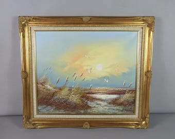 Large Coastal Oil on Canvas Signed Back Stamp Quality Decorative Gilt Frame