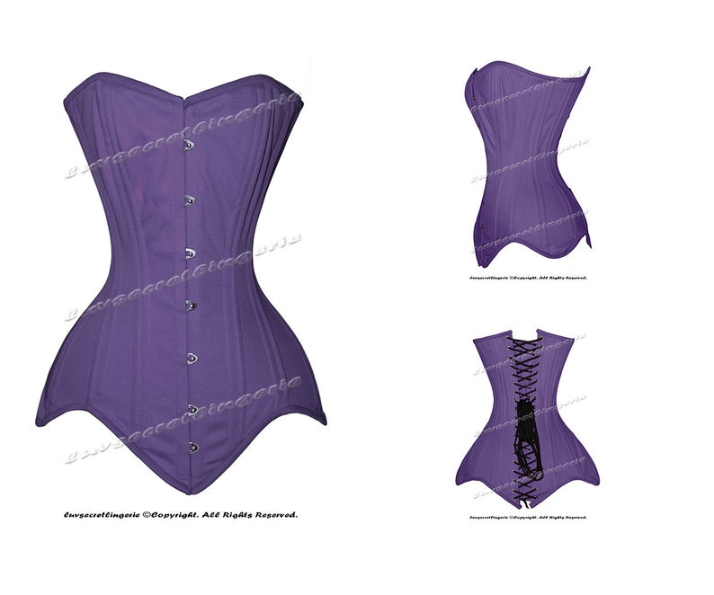 luvsecretlingerie Heavy Duty 26 Double Steel Boned Waist Training Cotton Long Torso Overbust Shaper Corset 8151-TC Purple Cotton