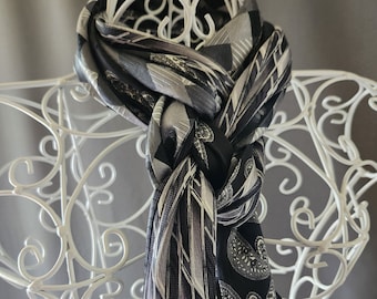 Upcycled Silk Scarf: Repurposed Vintage Necktie Scarf - Black White Grey
