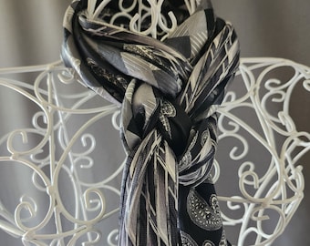 Upcycled Scarf – Silk Scarf – Repurposed Necktie - Black - White - Scarf